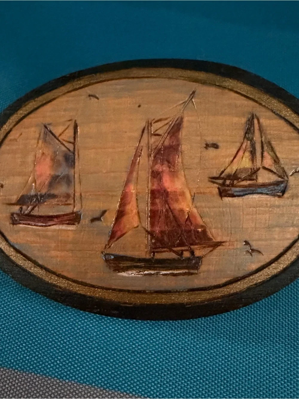 Hand-Painted Sailboat Brooch in Gold and Brown Tones